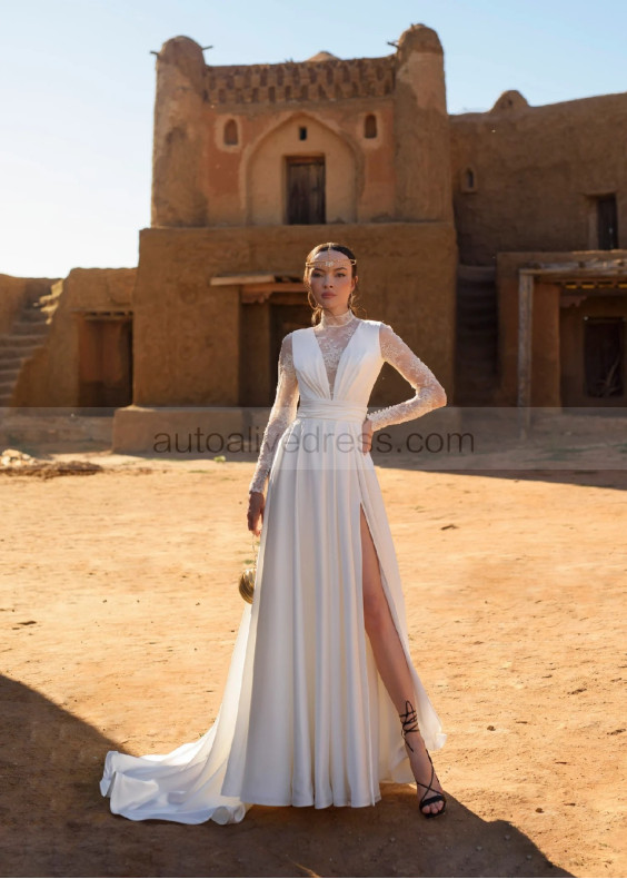 High Neck Beaded Ivory Lace Satin Slit Wedding Dress High Neck Beaded Ivory Lace Satin Slit Wedding Dress